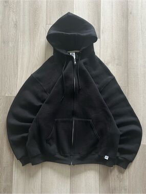 Vintage Russell Athletic Black Full-Zip Hooded Sweatshirt Size XL